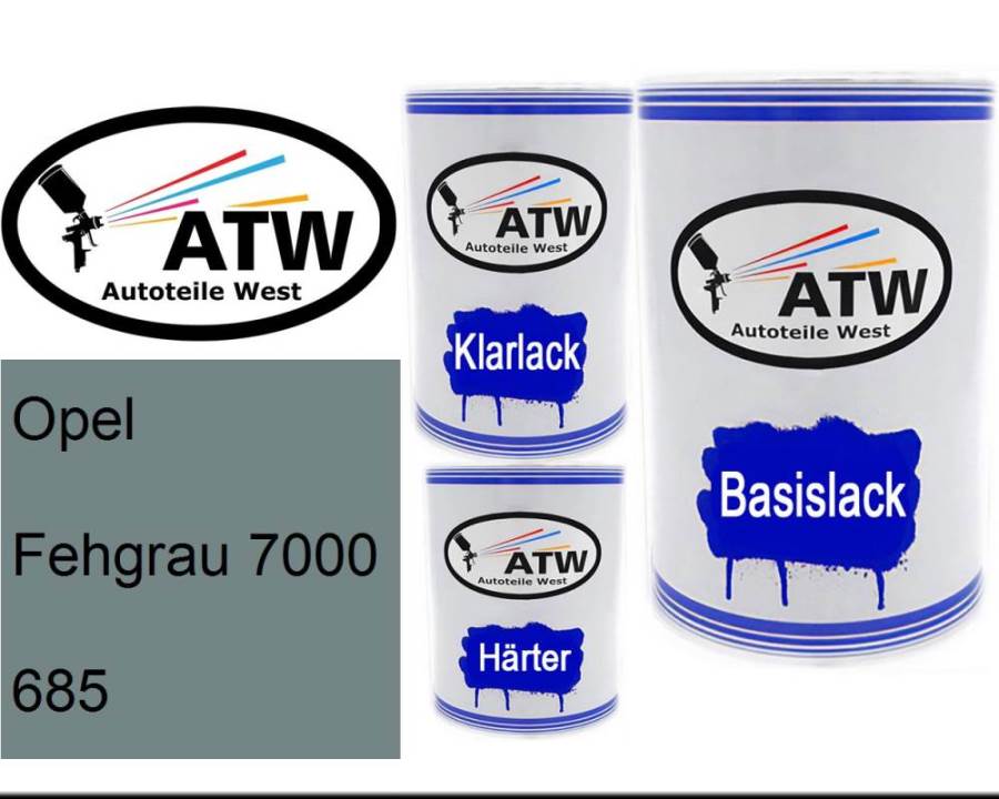 Opel, Fehgrau 7000, 685: 500ml Lackdose + 500ml Klarlack + 250ml Härter - Set, von ATW Autoteile West.